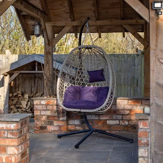 Samuel Alexander Hanging Garden Rattan Egg Chair with Powder Coated Steel Frame, Cushions and Waterproof Cover in Blue and Purple, W/D/H: 196 x 136 x 136 cm
