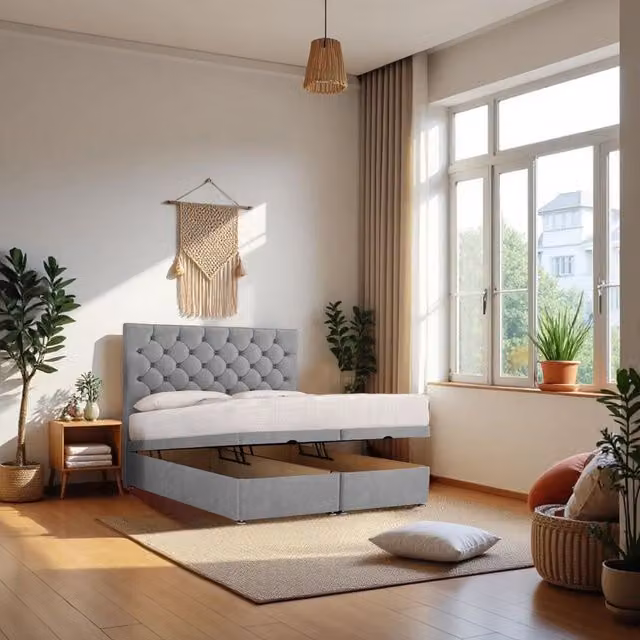 Knight Sleep Athens Grey Fabric End Opening Ottoman Bed with Hybrid Mattress and 24 inch Headboard, Super King, W/D/H: 200 x 200 cm