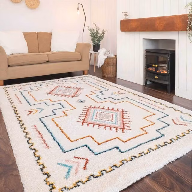 The Rug House Moroccan Diamond Aztec Bordered Shaggy Living Area Rug in Beige and Multicolour, W: 150 cm, D: 80 cm