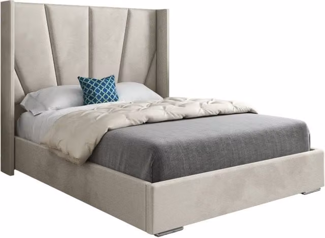 KDMD Cocoon Wide Curved Winged Upholstered Soft Velvet Designer Bed Frame in Beige, W/D/H: 120 x 200 x 137 cm