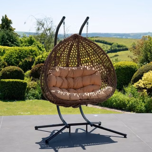 Artemis Home Modern Double Garden Hanging Egg Chair in Brown and Black Polyrattan with Cushions