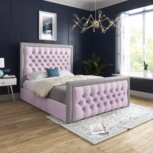 Rincon Glitter Border Upholstered Velvet Bed Frame in Pink, Superking, 200 x 200 cm