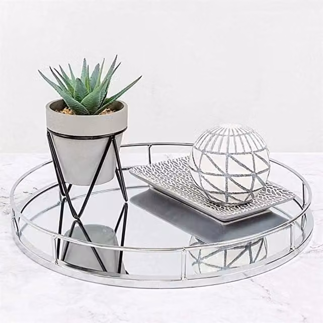 Deenz Elegant Round Silver Mirror Tray with Metal Frame