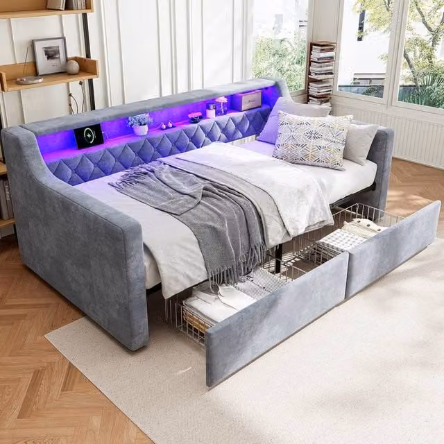 Rolipo Grey Velvet Single Daybed Sofa Bed with Drawers, LED Lighting and USB Charging Port, W/D/H: 90 x 190 cm