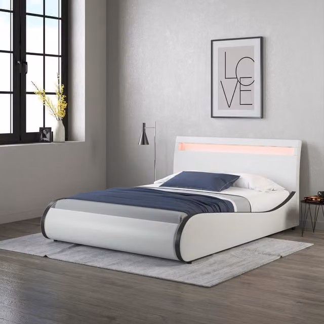 SlumberWorx Orion Upholstered Faux Leather Bed Frame with LED Headboard and Under-Bed Lighting, White and Black, 120 x 200 cm