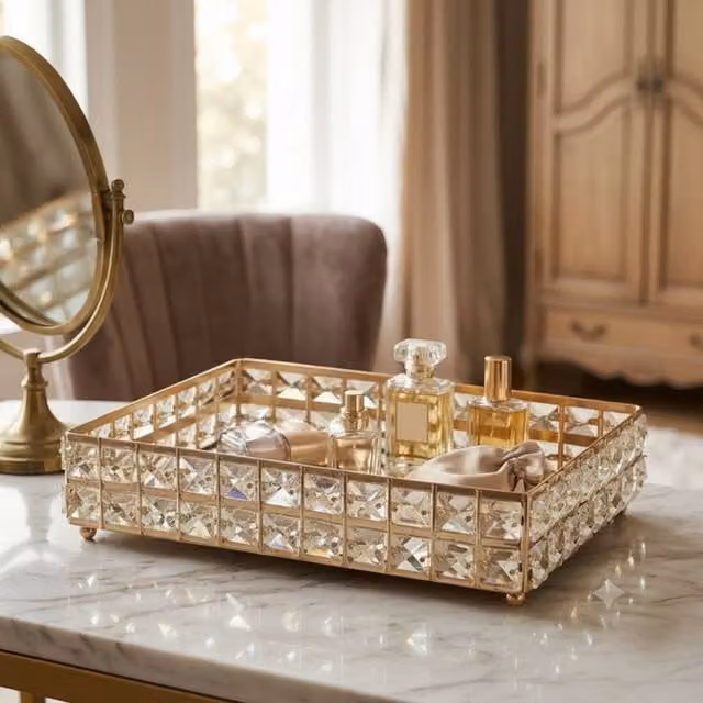 Dynasty Home UK Golden Crystal Rectangular Decorative Vanity Tray, Gold