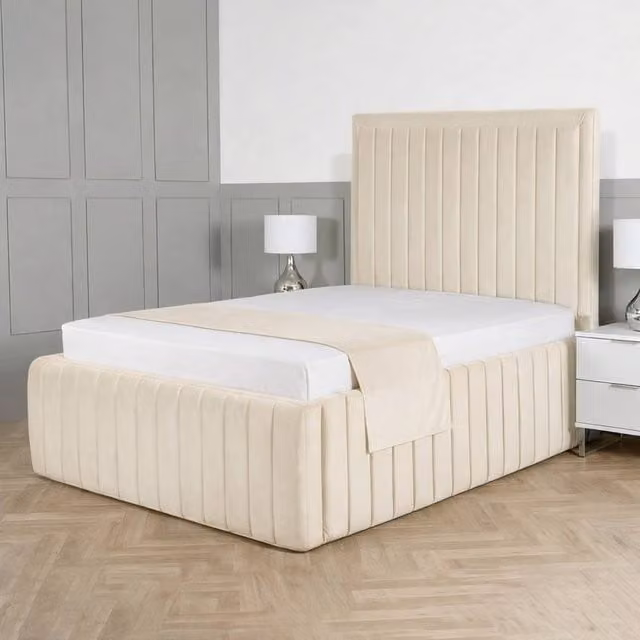 Living Comfort Bedz Saint Germain Plush Upholstered Bed with Slatted Base and 48 Inch Headboard in Cream/Beige, Super King Size