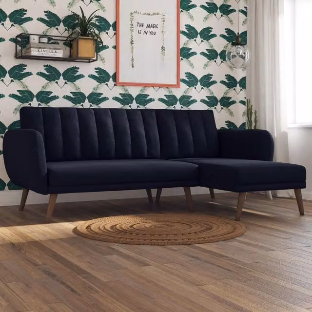 Novogratz Brittany Modern Sectional Sofa Bed in Navy Blue Linen