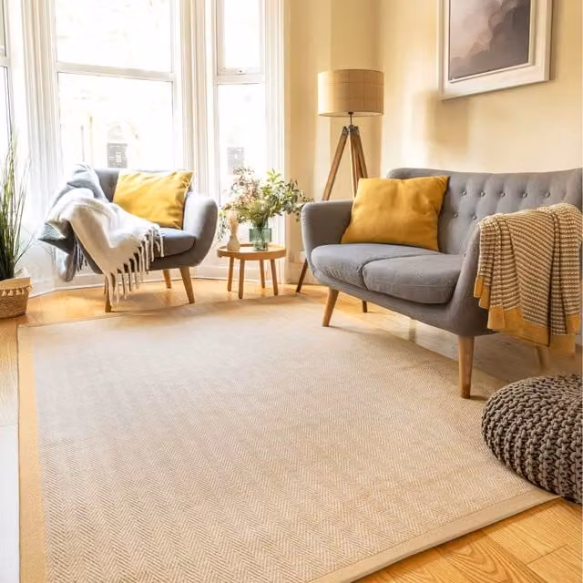 The Rug House Woven Jute and Cotton Herringbone Area Rug in Brown and Beige, W: 150 cm, D: 80 cm