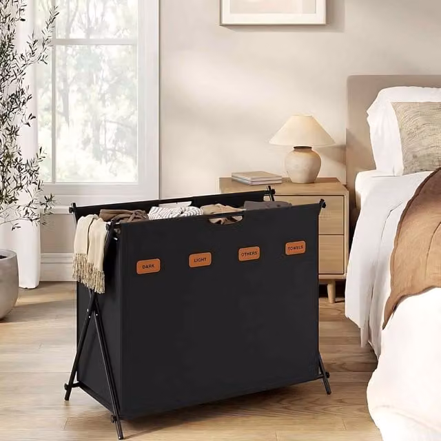 The Bazaarist 4 Compartment Foldable X Frame Laundry Hamper with Lid and Handles, Ink Black, W/D/H: 40 x 40 x 66 cm
