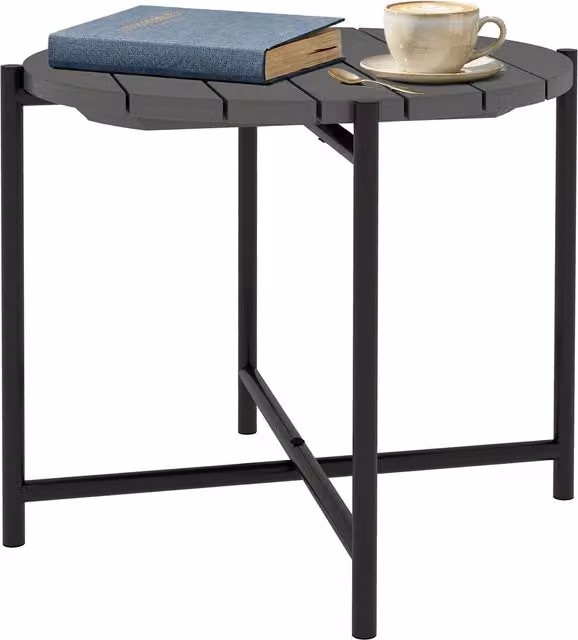 Outsunny Round Garden Table with Slatted Wood Top and Powder Coated Steel Legs, Grey, Diameter: 54 cm
