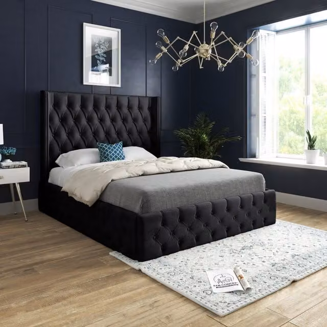 Wayno Straight Winged Upholstered Velvet Bed Frame in Black, Width: 98 cm