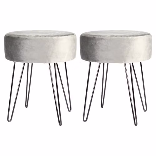 Harbour Housewares Pack of 2 Grey Velvet Round Footstools with Black Legs, H41 x D45 cm