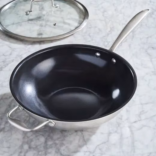 Cooks Professional Tri-Ply Wok with Glass Lid and Ceramic Non-Stick Coating in Silver, 28cm
