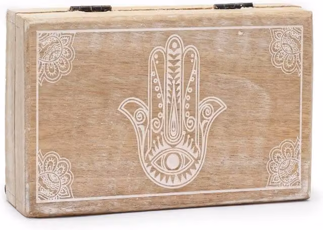 KDMD Big Whitewash Hamsa Rectangle Storage Box in Brown, W/D/H: 21.5 x 14 x 6.3 cm