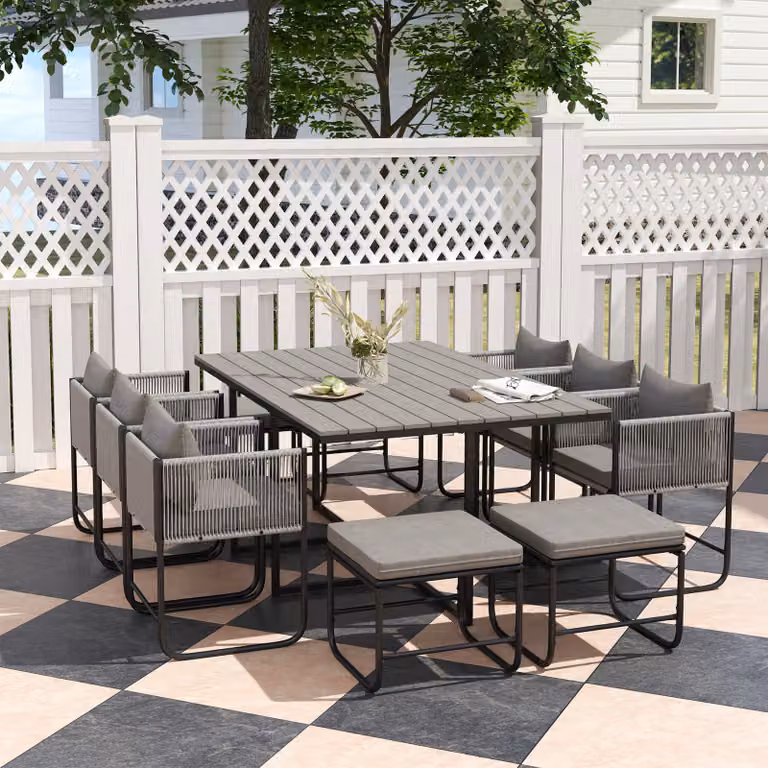 Outsunny 10 Seater Rattan Cube Garden Furniture Set in Grey with Cushions and Rectangular Wood Grain Plastic Top Table