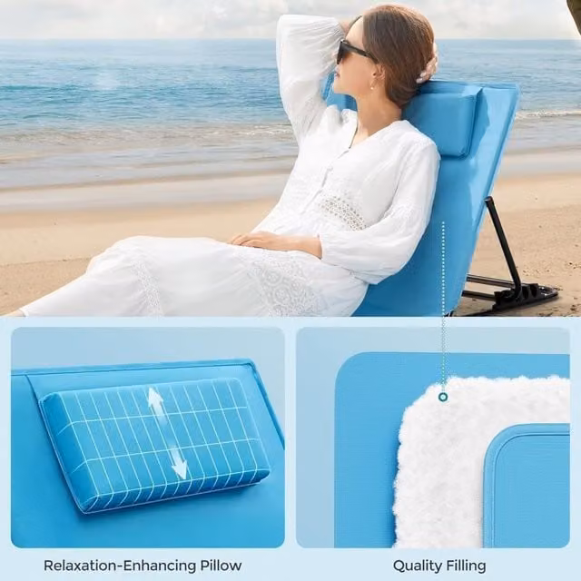The Bazaarist Set of 2 Reclining Beach Sun Loungers with Adjustable Headrests in Blue