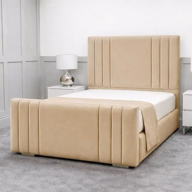 Living Comfort Bedz Canberra Super King Plush Velvet Upholstered Bed with Slatted Base and 48 Inch Headboard in Beige