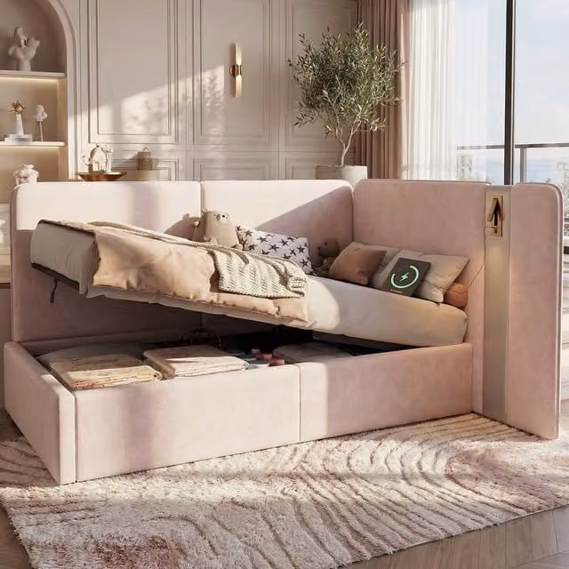 Rolipo Pink Velvet Single Daybed with Hydraulic Storage, USB Charging Port and Integrated Reading Light, W/D/H: 90 x 190 cm