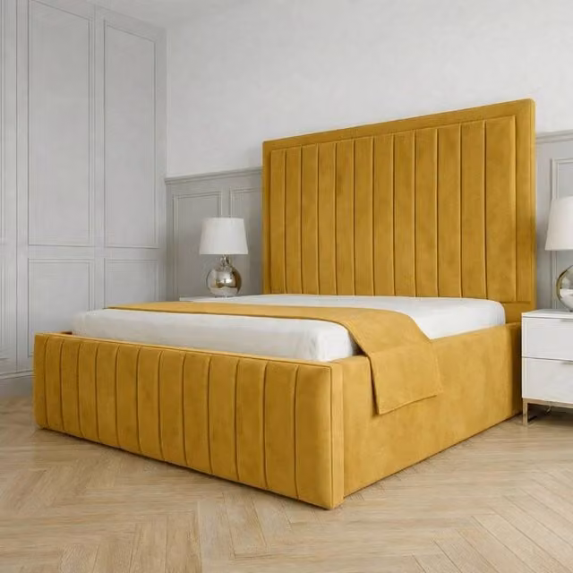 Living Comfort Bedz Sovereign Plush Velvet Upholstered Bed with Slatted Base and 48-Inch Headboard in Mustard Yellow, Single Size
