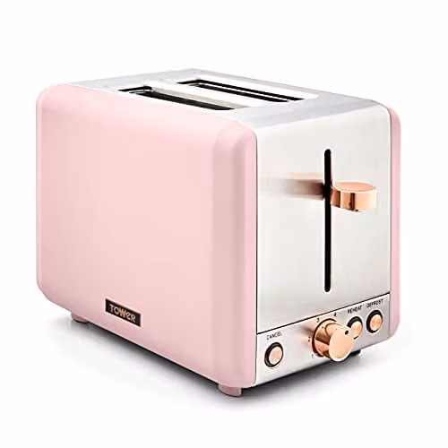 Tower Cavaletto 2-Slice Toaster in Pink, Black and Gold with Stainless Steel Finish and Cable Storage