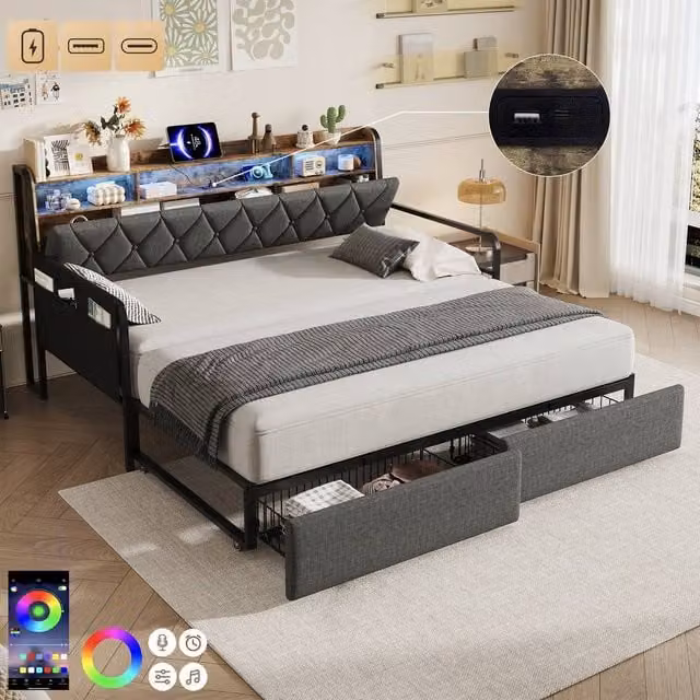 ModernLuxe Grey Upholstered Single Daybed with Pull Out Trundle, Storage Drawers and LED Headboard with USB Charging Port