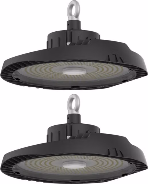 First Choice Lighting Set of 2 High Bay Outdoor Ceiling Pendant Lights in Black and Transparent Glass