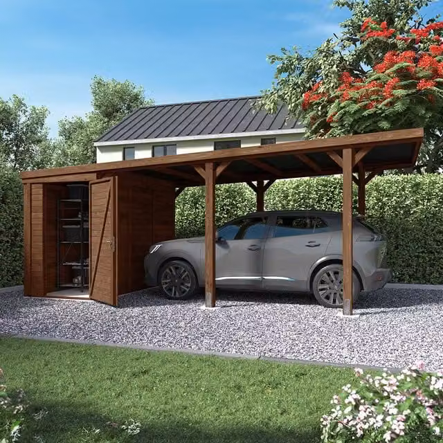 Cerland Leon Single Wooden Carport with Storage Shed in Brown