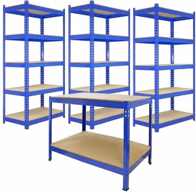 Monstershop Q-Rax Blue Metal Racking Units and Workbench Set with Steel and Wood Construction, W: 90 cm, H: 182.5 cm, D: 50 cm