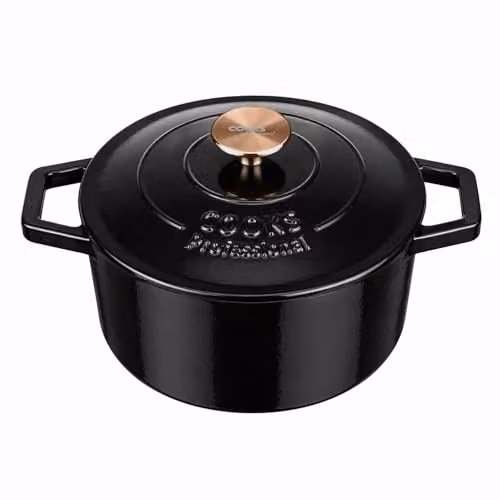 Cooks Professional Enamelled Cast Iron Casserole Dish with Lid and Handles, 2.8 l, Black