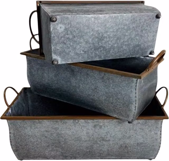 Four Candle Set of 3 Galvanised Metal Rectangular Trough Planters in Grey, W/D/H: 43 x 20 x 15 cm