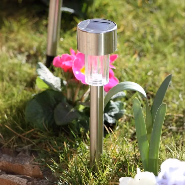 Primrose Stainless Steel Solar Garden Path Lights in White and Silver, Pack of 12