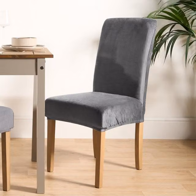 OHS Velvet Elastic Stretch High Back Dining Chair Protector Cover, Charcoal Grey, Pack of 6