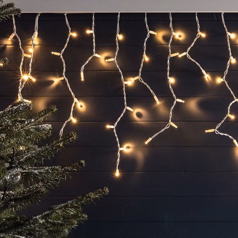 Pro Connect 100 LED Connectable Icicle Lights with Warm White Traditional Bulbs and White Cable, 2m