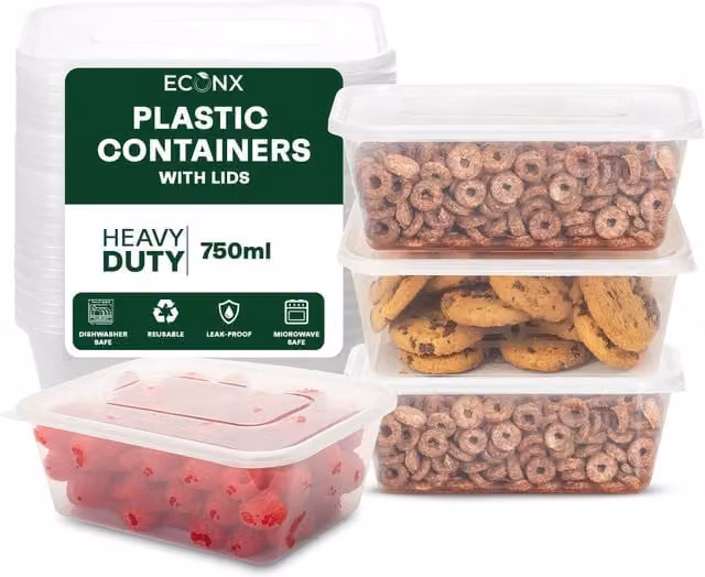 ECONX Transparent Plastic Food Storage Containers with Snap Lids, 0.75 l, Pack of 100