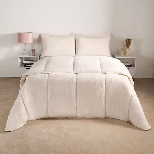 OHS Teddy 10.5 Tog King Size Fleece Coverless Duvet and Pillowcase Bedding Set in Cream