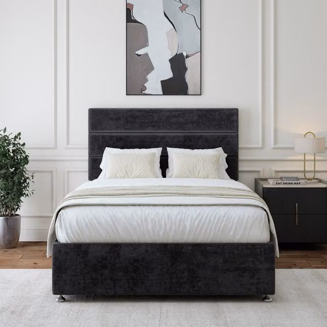 Bedmaster Luxury Velvet Divan Base with Storage Drawers and Lined Headboard, Black, W/D/H: 90 x 200 x 38 cm