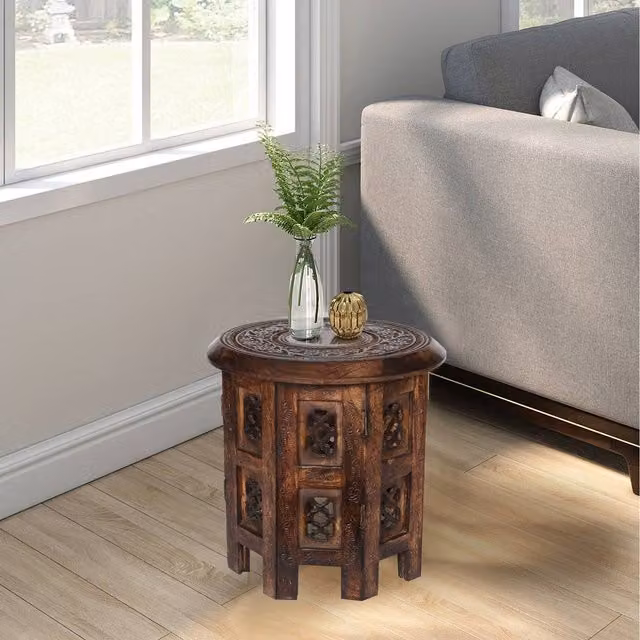 Topfurnishing Round Carved Wooden Coffee Bedside End Table, Brown, Diameter: 38 cm