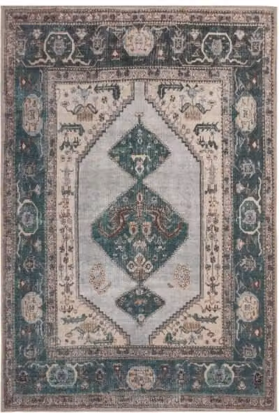 Kukoon Oriental Medallion Low Pile Rug in Green and Cream, Non-Slip and Washable, W: 160 cm, D: 230 cm