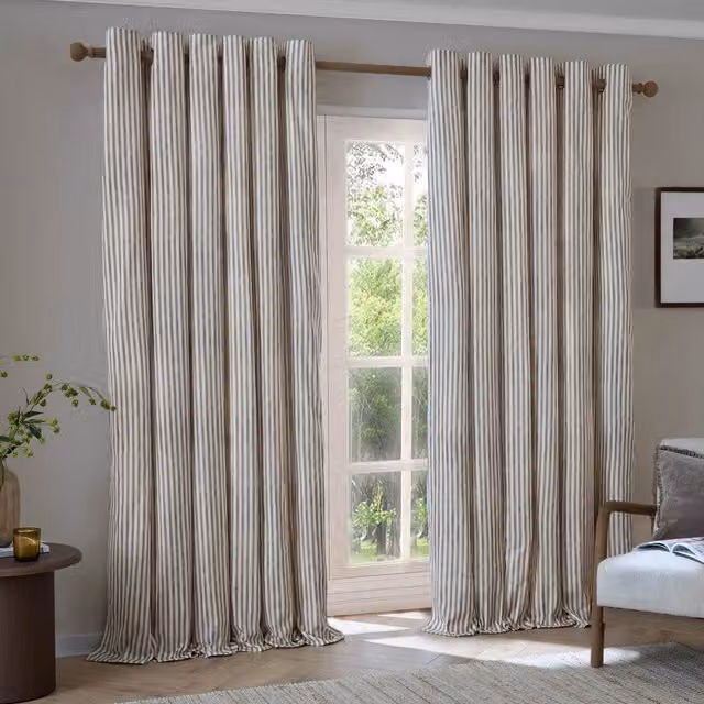 Make It A Home Hebden Striped Cotton Eyelet Curtain Pair in Brown and Beige, Width: 137 cm, Height: 168 cm