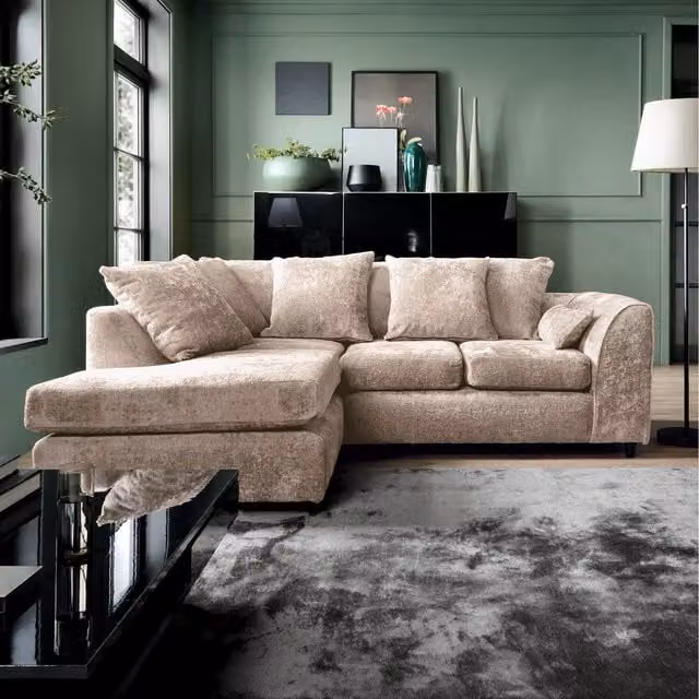 Abakus Direct Harriet Left Facing Corner Sofa in Beige Crushed Chenille with Scatter Cushions