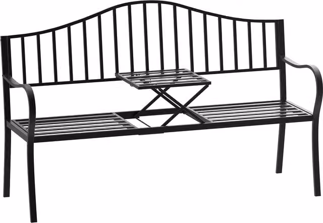 Outsunny Modern Black Metal Garden Bench with Foldable Middle Table and Armrests