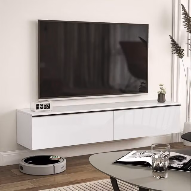 HOMCOM Modern Wall Mounted Floating TV Unit Stand with High Gloss Effect in White for TVs up to 70 inch