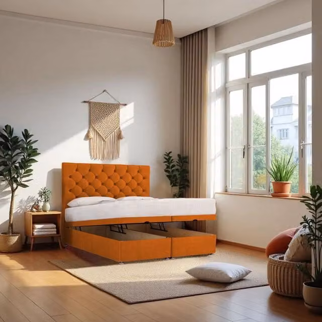 Knight Sleep Athens Small Double End Opening Ottoman Bed with Hybrid Mattress and 24 inch Headboard in Mustard Yellow
