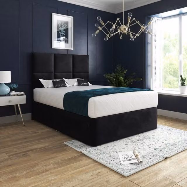 Casani Caprio Modern Upholstered Velvet Divan Bed Frame and Floorstanding Headboard with Drawers, Black, W/D/H: 90 x 190 cm