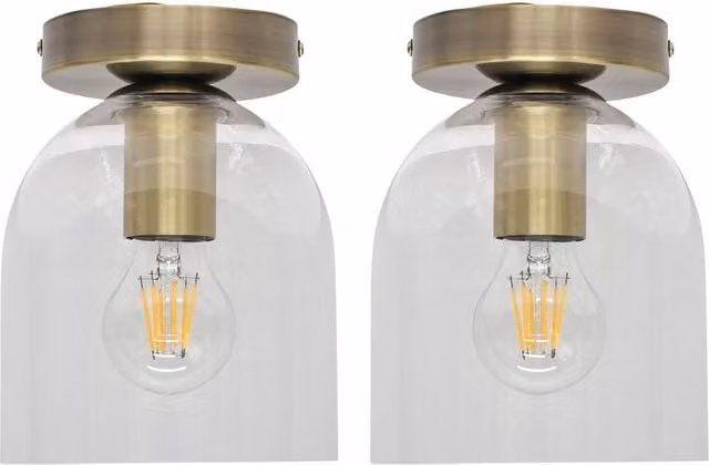 First Choice Lighting Belten Set of 2 Glass Cloche Ceiling Light Fittings in Gold/Brass and Transparent