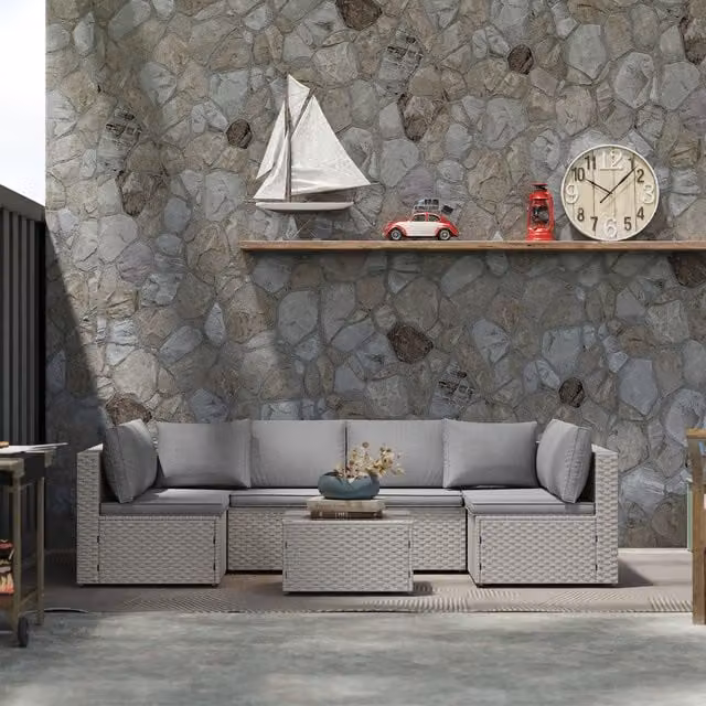 Outsunny Modern L-Shape Rattan Garden Furniture Set with Upholstered Cushions and Coffee Table in Grey