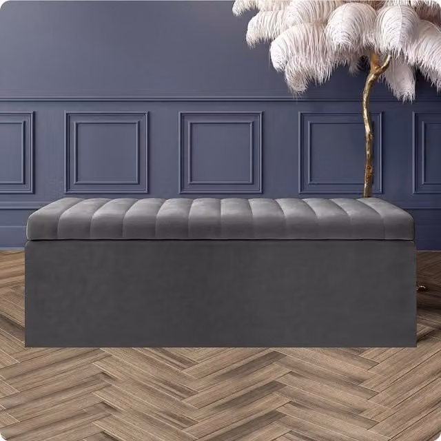 R&M Furnishers Safar Ottoman Storage Box, 180cm Striped Plush Velvet Upholstered End of Bed Bench in Black and Steel Grey