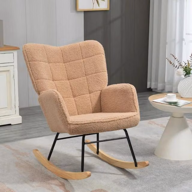 Chilli Seating Modern Teddy Fleece and Bouclé Tub Rocking Chair with Armrests in Brown and Beige