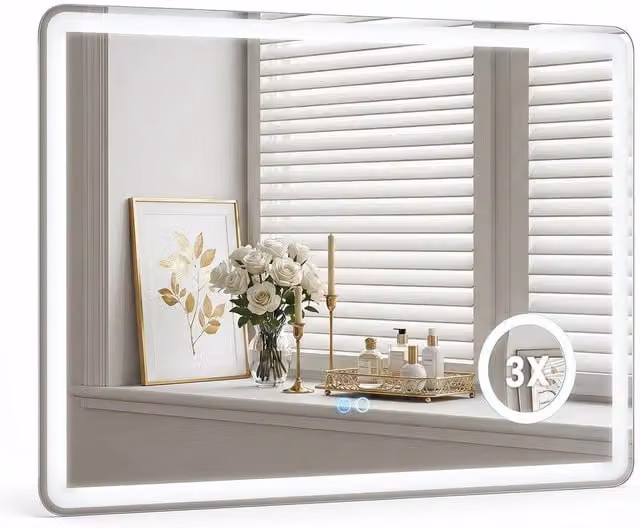 Costway Silver Rectangular Wall Mounted Bathroom Mirror with 3X Magnification and Dimmable LED Light